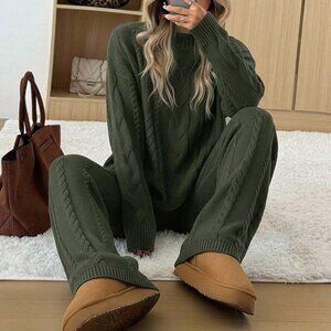 Army Green Casual Women's Crew Neck Long Sleeve Sweater And Pants Set